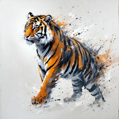 The primary subject of the image is a large, colorful tiger. The tiger is the main focus of the image, and it is depicted in a painting or drawing style. The setting is a white background, which provides a clean and uncluttered environment for the tiger to stand out. The visual style is a combination of digital art and illustration, giving the image a vibrant and dynamic appearance. The colors and mood of the image are predominantly orange and yellow, which are the natural colors of a tiger, and the overall atmosphere is energetic and powerful.